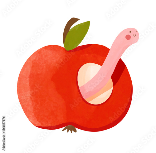 Cheerful Hand Drawn Worm In A Red Apple On A White Background. Vector Illustation Of Childish Drawing-like Pink Smiling Warm. Nursery Art With Happy Fruit. Kids Room Decoration With Big Red Apple. 