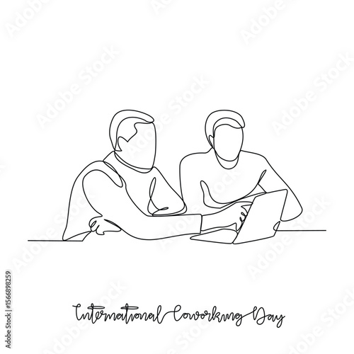 One continuous line drawing of International Coworking Day vector illustration. International Coworking day themes design concept in simple linear continuous line. Suitable design for campaign.