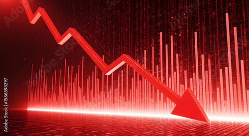 Market Crash A Dramatic Visualization of Economic Downturn, Showing a Sharp Decline in Red, Against a Background of Binary Code and Financial Charts. The Arrow Represents the Fall.