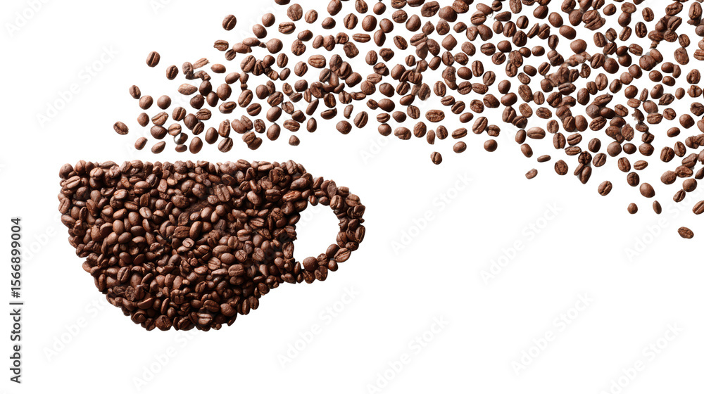 Naklejka premium Coffee cup shaped from coffee beans on white isolated background.