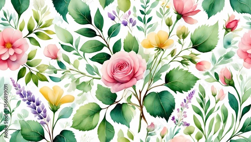 Watercolor Floral Pattern with Roses and Leaves