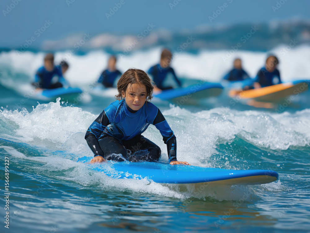 Obraz premium Young boy in blue wetsuit rides a surfboard on ocean waves, demonstrating skill and focus while surrounded by other surfers in a vibrant beach setting
