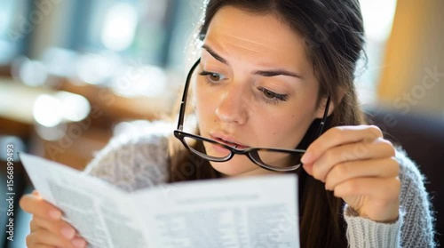 Woman Adjusting Glasses and Struggling to Read Small Print on Paper Indoors due to Myopia