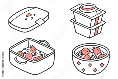 Set of 4 doodle icons for meal prep containers. White background.