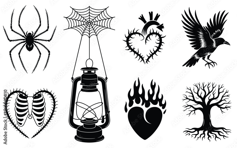 Naklejka premium Mystical Symbol Icon Set – Gothic Silhouettes of Nature, Anatomy, and Emotion
