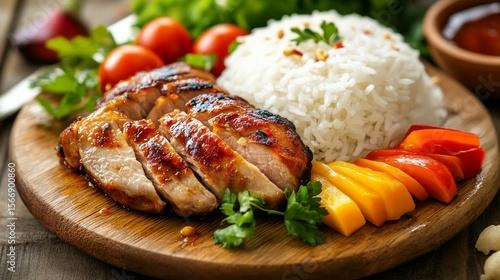 Wooden table with roast, rice, veggies.