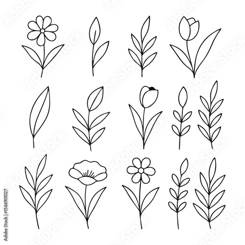 Botanical Line Art Icons — Elegant Minimalist Nature Series, A curated collection of fifteen botanical line art icons featuring diverse floral and leaf motifs — crafted in minimalist style and arrange