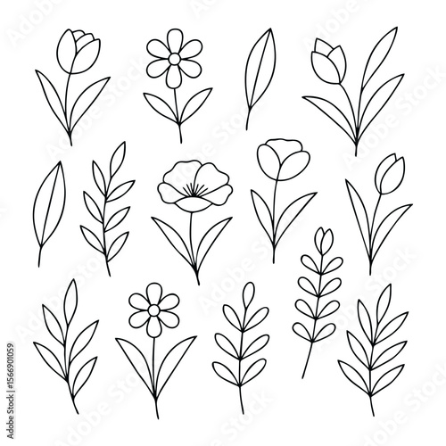 Botanical Line Art Icons — Elegant Minimalist Nature Series, A curated collection of fifteen botanical line art icons featuring diverse floral and leaf motifs — crafted in minimalist style and arrange