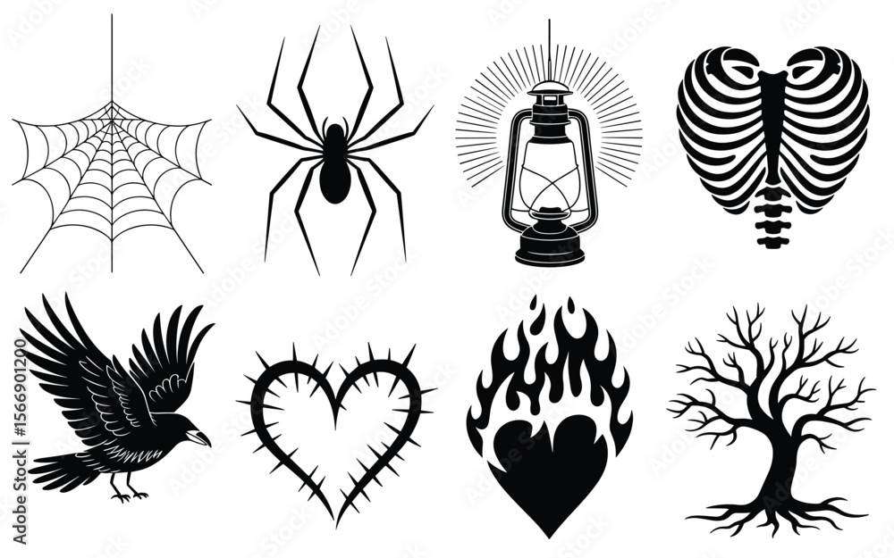Fototapeta premium Mystical Symbol Icon Set – Gothic Silhouettes of Nature, Anatomy, and Emotion