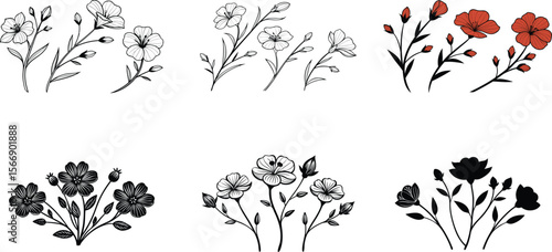  Silhouette spring flower collection black color only