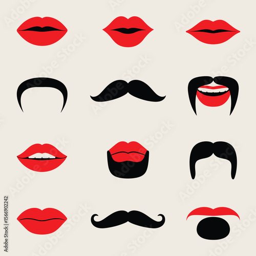 Collection of stylized red lips and black mustaches on a neutral background