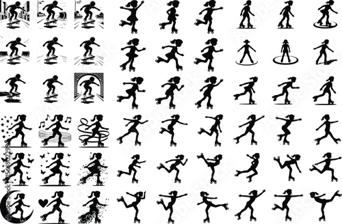 Stylish Roller Skater Girl Icons – Dynamic Vector Silhouettes Girl Roller Skating Silhouette Set – Fun & Energetic Icon Collection