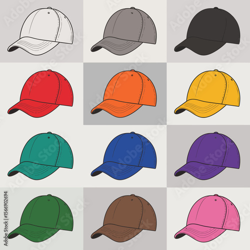 Collection of colorful baseball caps displayed in a grid pattern
