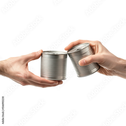 Two hands exchanging canned goods in a cooperative gesture, promoting sharing and community support in a neutral setting. on transparent background