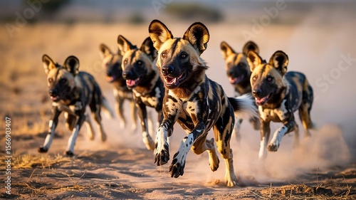 African Wild Dogs Running in the Savannah at Full Speed