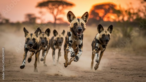 African Wild Dogs Running in the Savannah at Full Speed