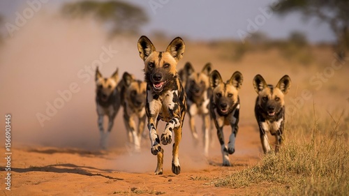African Wild Dogs Running in the Savannah at Full Speed
