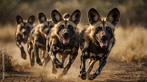 Endangered African Wild Dogs Sprinting Through Dry Grassland