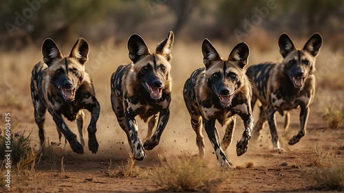 African Wild Dogs Running in the Savannah at Full Speed