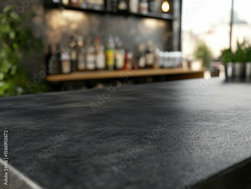 high detail image of Black concrete countertop in a bar for product presentation. Empty tabletop mockup against blurred cafe background. Podium for drinks and food., high detail, 8k