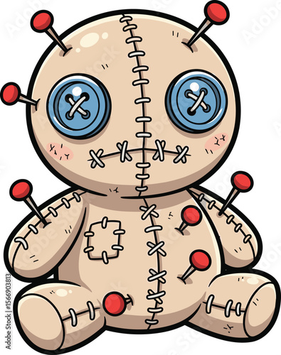 Cute Voodoo Doll Icon Vector Illustration for Halloween, Fantasy, Magic, and Spooky Concepts, Adorned with Buttons and Pins, Isolated on White Background.