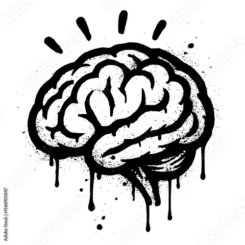 Graphic Spray Paint Brain Icon with Idea Light Rays
