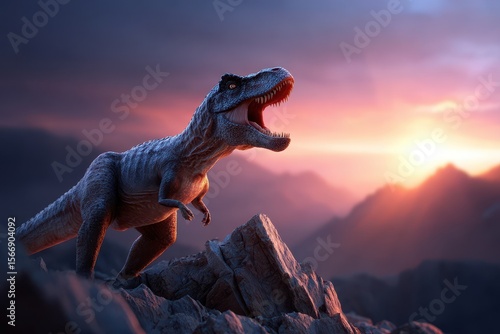 Fototapeta Naklejka Na Ścianę i Meble -  Majestic dinosaur standing on rocky terrain against a vibrant sunset in a prehistoric landscape