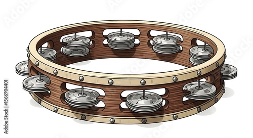 wooden tambourine with metal cymbals, musical instrument clip art preview