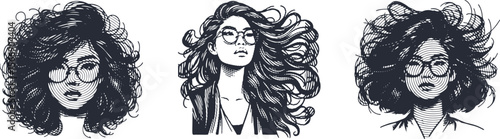 Hash circleline effect bundle featuring Asian woman with glasses and voluminous hair, stylish modern vector portrait design, trendy digital art illustration, creative female face concept