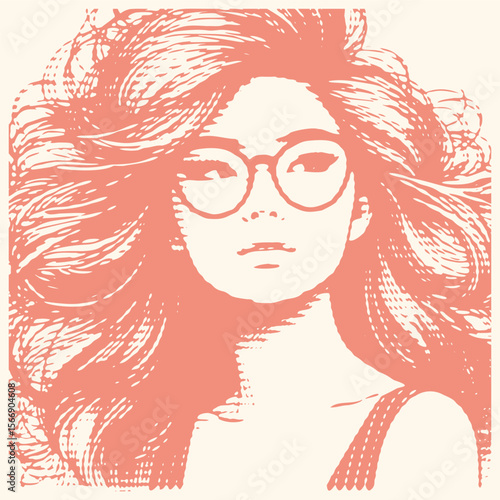 Soft pink Asian woman with glasses and voluminous hair, hash line effect vector illustration, trendy female portrait design, modern beauty concept, stylish eyewear, digital art graphic
