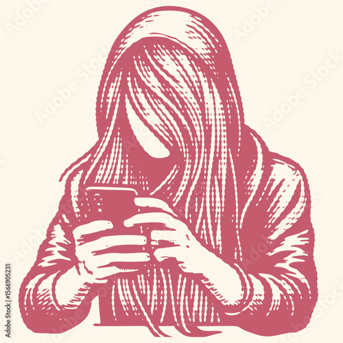 Soft pink faceless man using smartphone with long hair, hash line effect vector illustration, modern technology concept, digital communication, minimalistic style design, trendy mobile user art