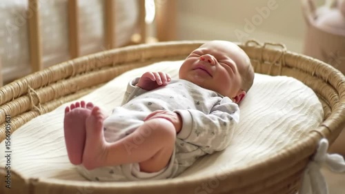 A newborn baby sleeps peacefully in a cozy wicker bassinet, surrounded by soft, natural light in a bright nursery, showcasing innocence and tranquility during early infancy