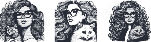 Vector bundle featuring a woman with large glasses and voluminous wavy hair accompanied by a cat, designed with hashline effect, stylish illustration, trendy, modern, detailed, artistic vector set.