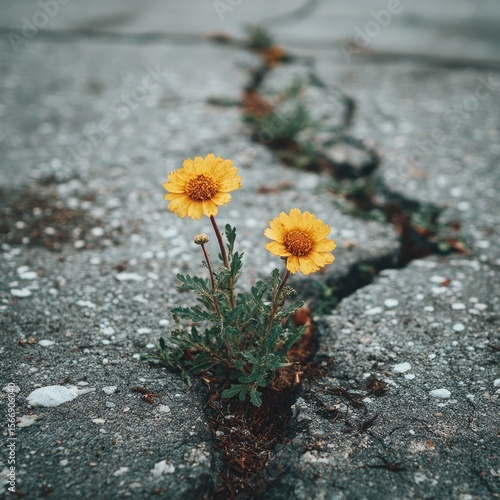 Two yellow flowers growing in cracks of gray pavement