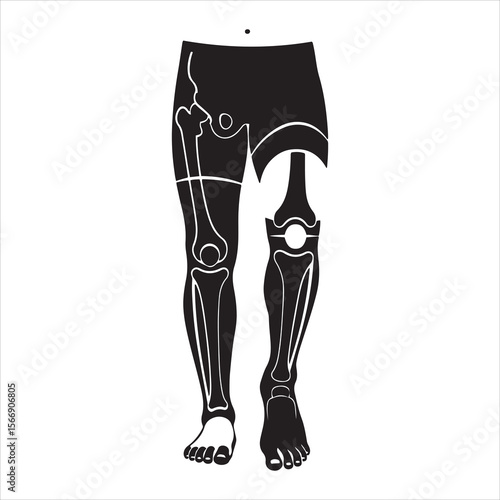Stylized silhouette of human legs showing skeletal structure and prosthetic limb