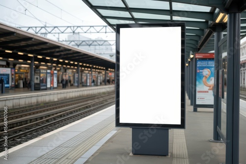 Mock up Vertical advertising billboard lightbox with empty digital screen on railway station, with empty blank space for text copy space or mockup design, high detail, 8k