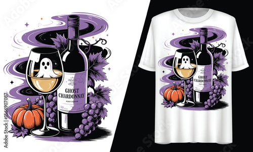  Ghost Chardonnay Wine Glass, Pumpkin Halloween, T-Shirt Design.