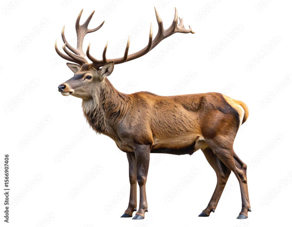 Obraz premium Elegant Male Deer with Large Antlers Standing Side Profile, isolated on a transparent background