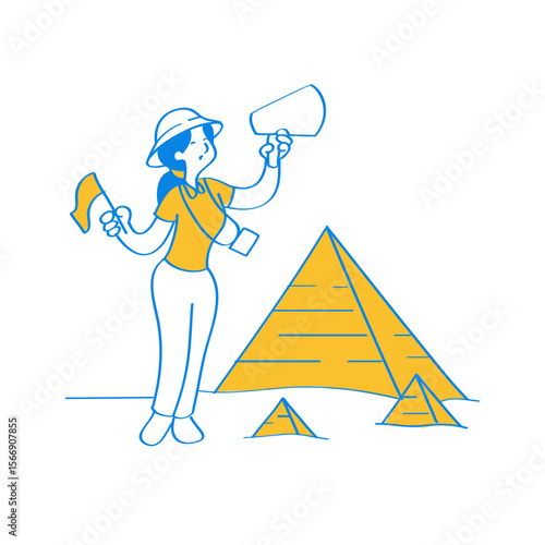 Cartoon tour guide woman with megaphone and flag near pyramids isolated on transparent background