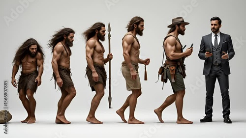Evolution of man from caveman to modern businessman using smartphone, conceptual progression