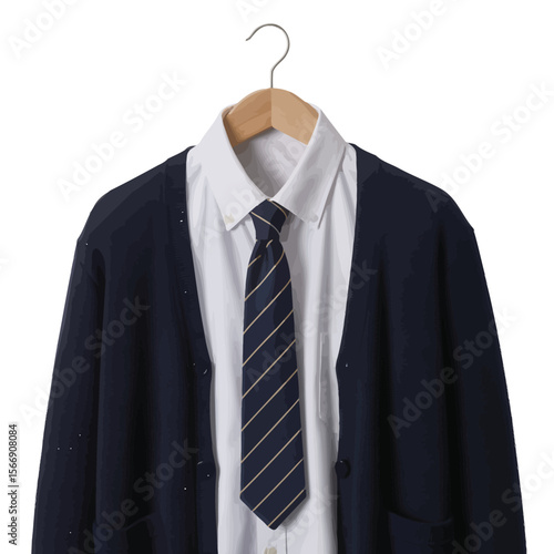 Classic navy cardigan with white shirt and striped tie on a hanger