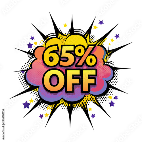 Discount sale graphic with 65% OFF in comic book style with stars, isolated vector image on transparent background  