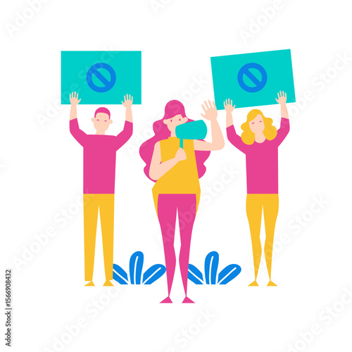 Three people protesting with signs and a megaphone isolated on transparent background