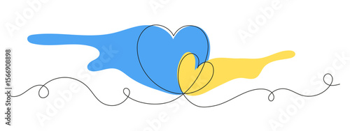 Pray for Ukraine. One line drawing of two hearts filled with Ukrainian flag colors. Minimalist symbol of peace, unity, and support. Continuous line art. Vector illustration.