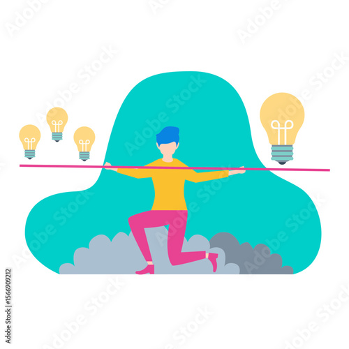 Person balancing on a tightrope with lightbulbs symbolizing ideas isolated on transparent background