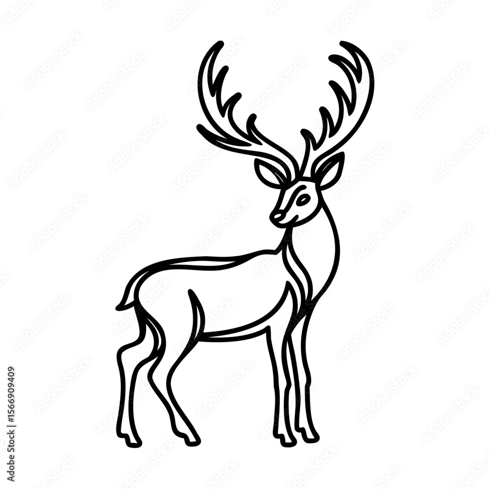Fototapeta premium Black line art illustration of a deer with large antlers on white background