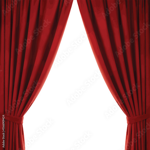 Rich red velvet curtains parted to reveal a bright white background space