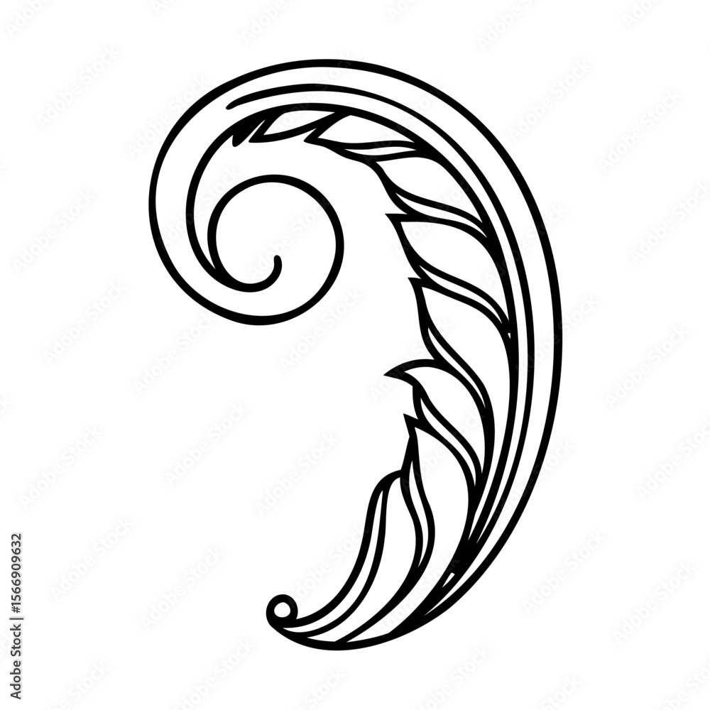 Naklejka premium Black one-line art stylized leaf and swirl element on white background