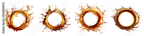 Four brown liquid splash circles isolated on transparent background