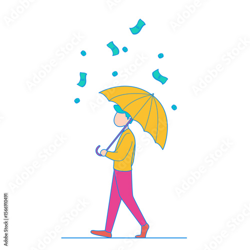 Man walking with umbrella protecting from falling money isolated on transparent background